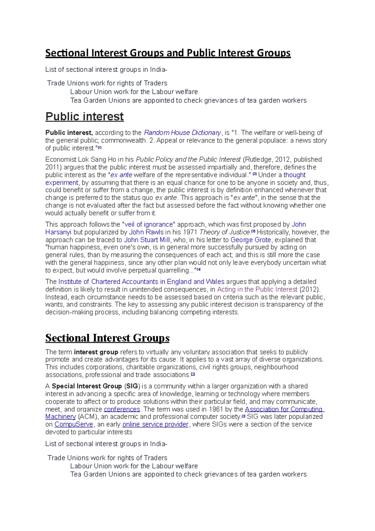 Sectional Interest Groups and Public Int The welfare or wellbeing of
