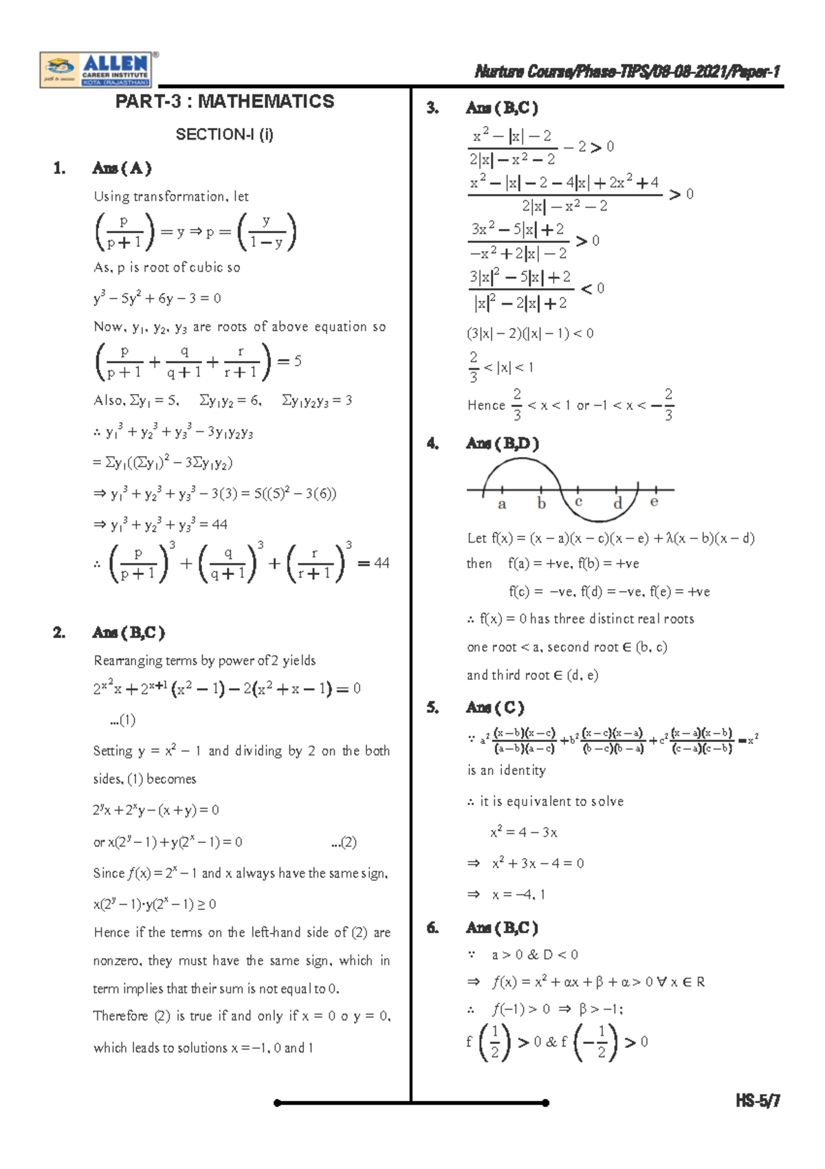 TIPS Answer KEY-2 - Very Important - PART-3 : MATHEMATICS SECTION-I (i ...