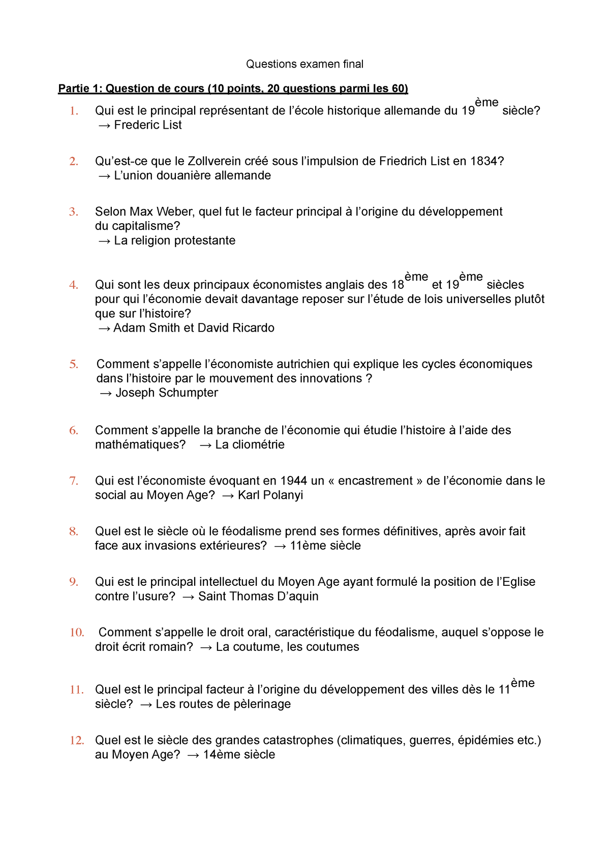 Examen Les Questions De Cours Du Partiel Questions Examen Final