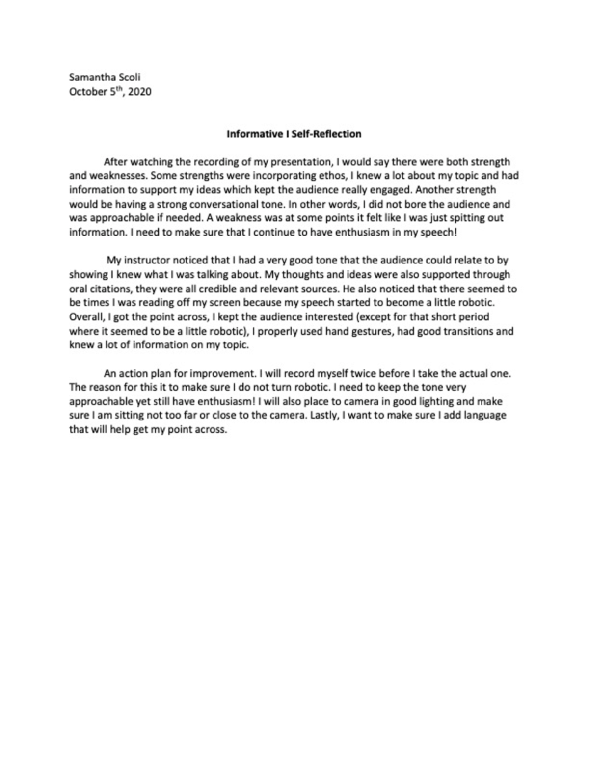 Self Reflection - Samantha Scoli October 5th, 2020 Informative I After ...