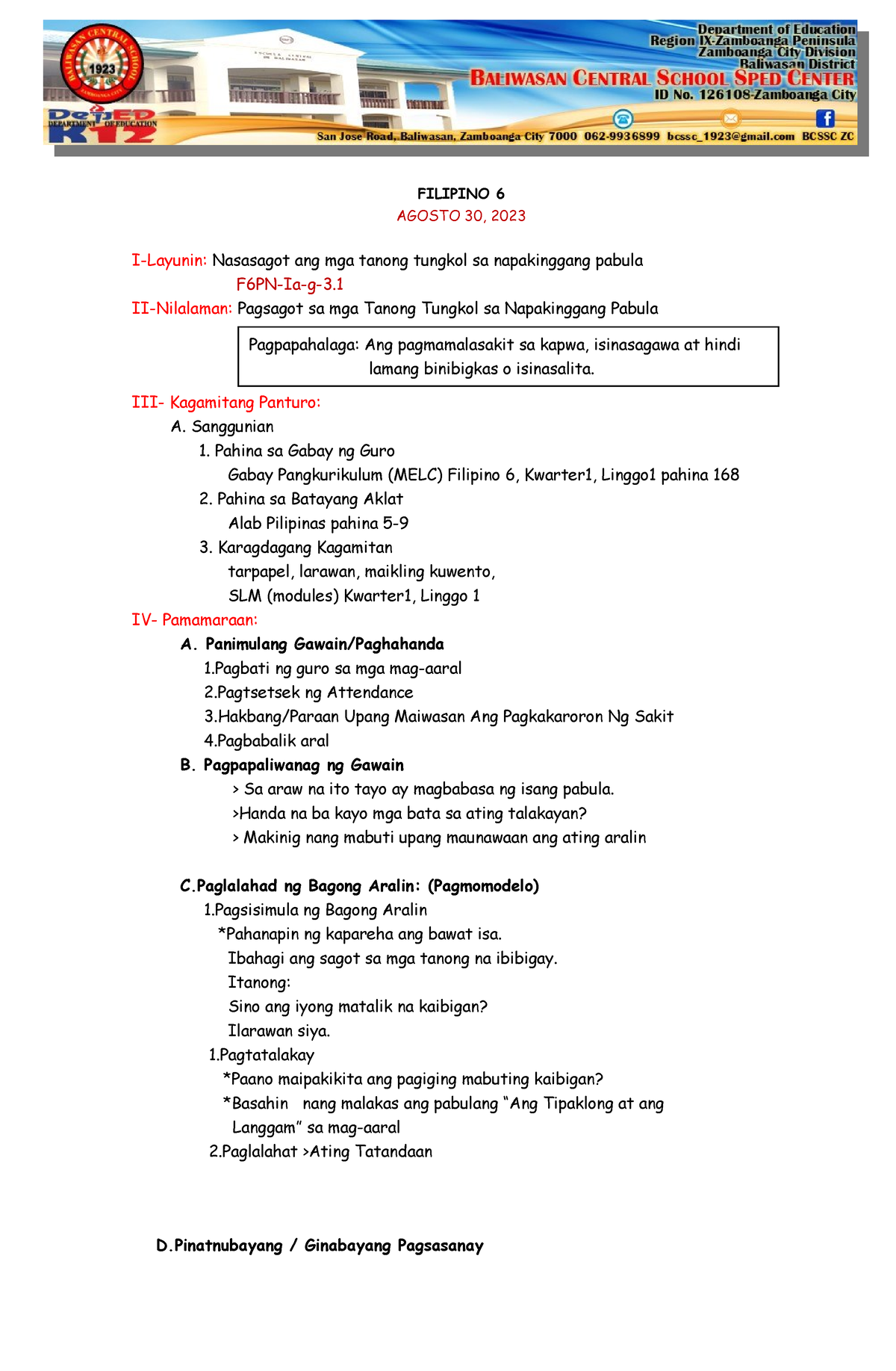 Lesson Plan In Filipino - FILIPINO 6 AGOSTO 30, 2023 I-Layunin ...