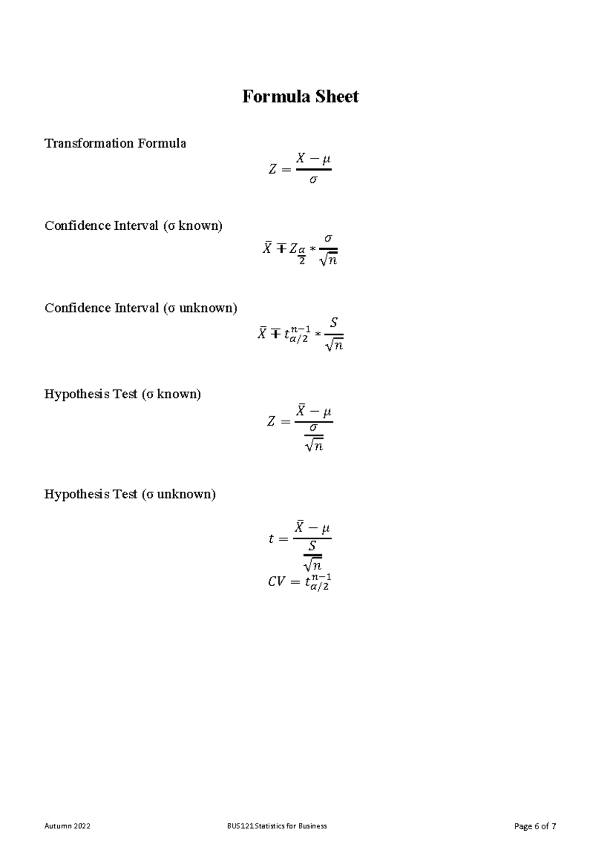 Formula sheet - Autumn 2022 BUS121 Statistics for Business Page 6 of 7 ...
