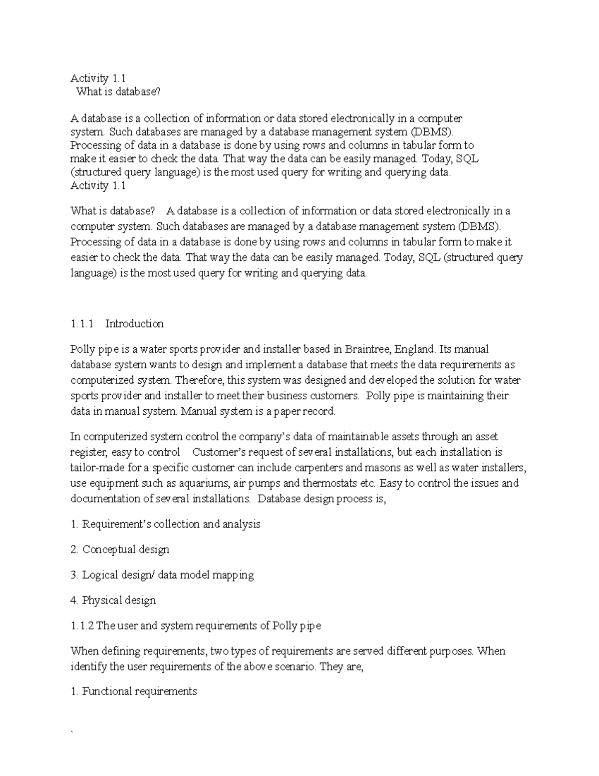 Smpl 1 - hnd database polly pipe - Activity 1. What is database? A ...