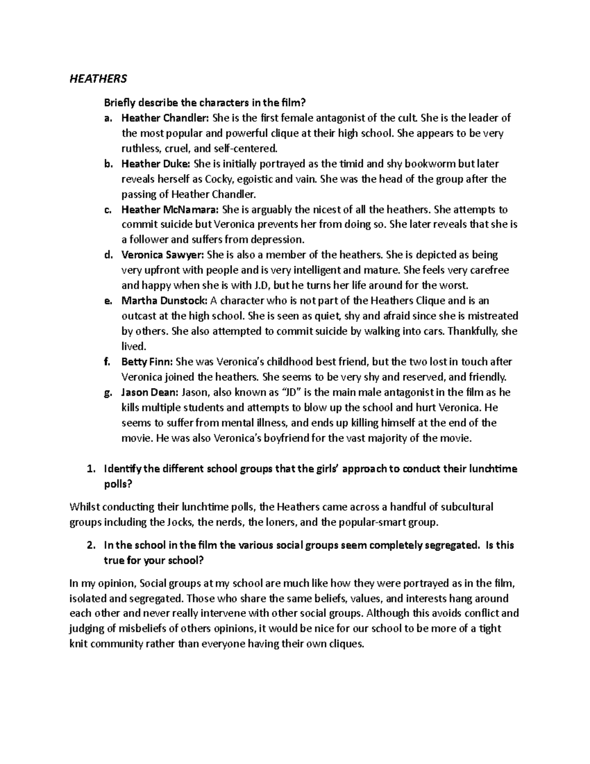 Heathers idkkk HEATHERS Briefly describe the characters in the film