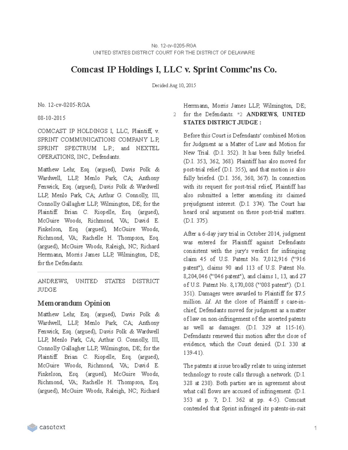 Comcast IP Holdings I, LLC v. Sprint Commc'ns Co - No. 12-cv-0205-RGA ...