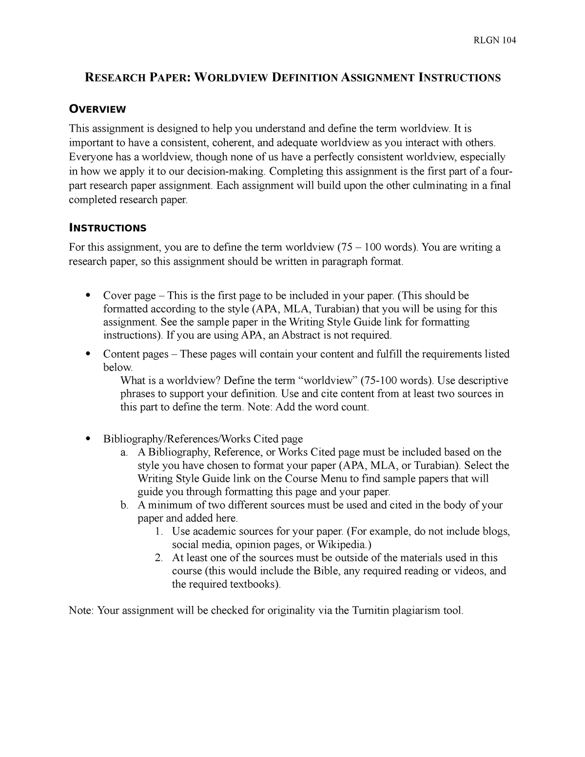 worldview research paper assignment