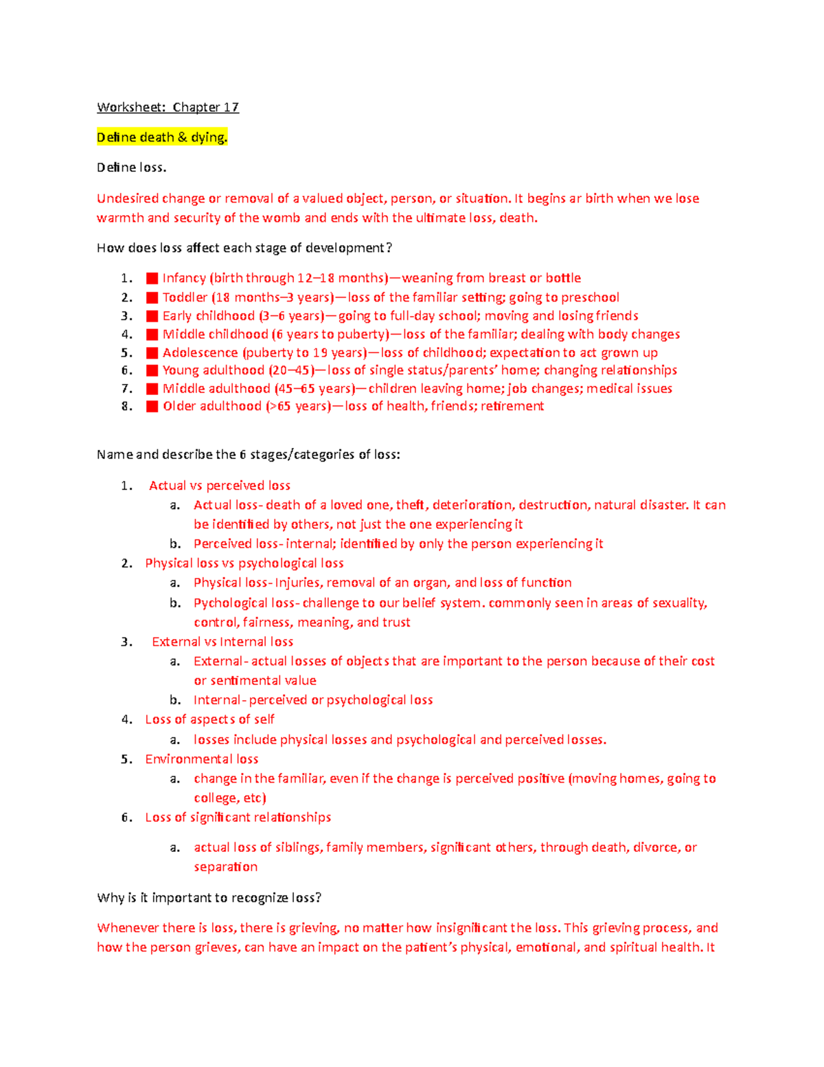 Chapter 17-1 Worksheet - Worksheet: Chapter 17 Define Death & Dying ...