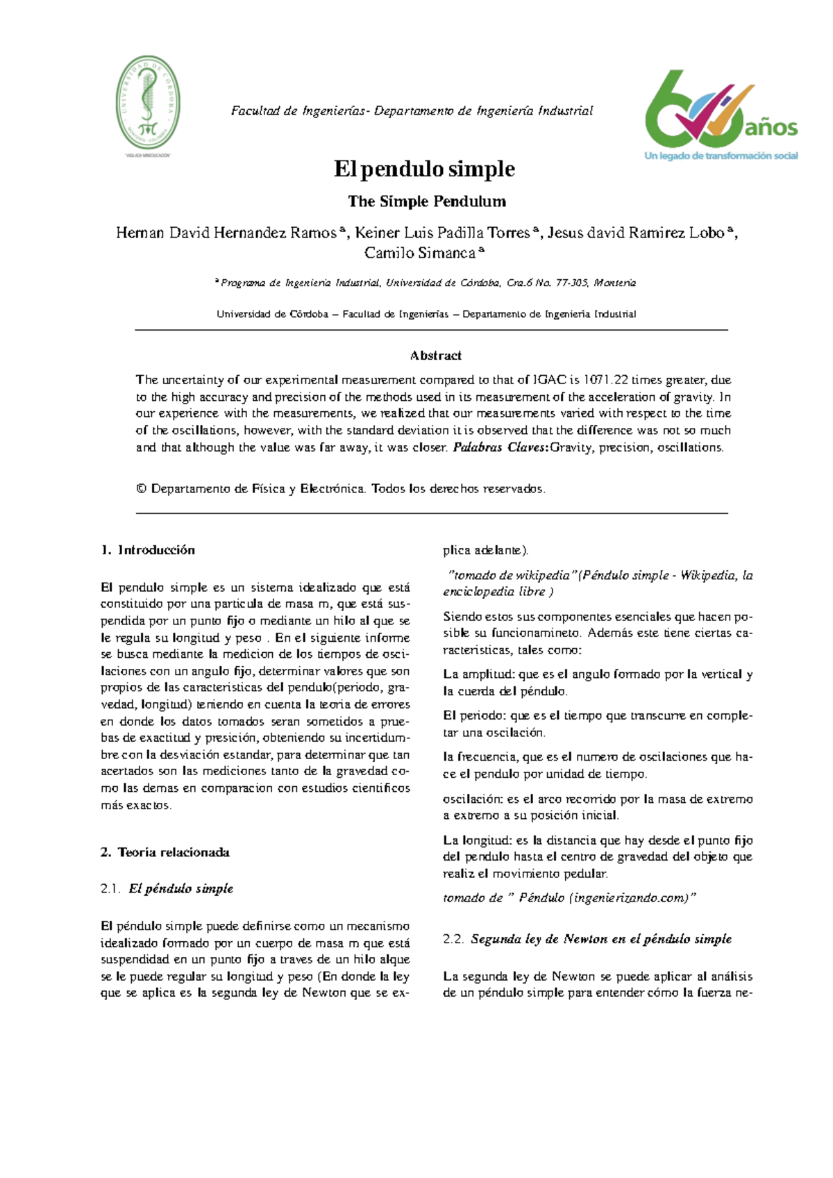 Pendulo Simple Fisica - Facultad De Ingenier ́ıas- Departamento De ...