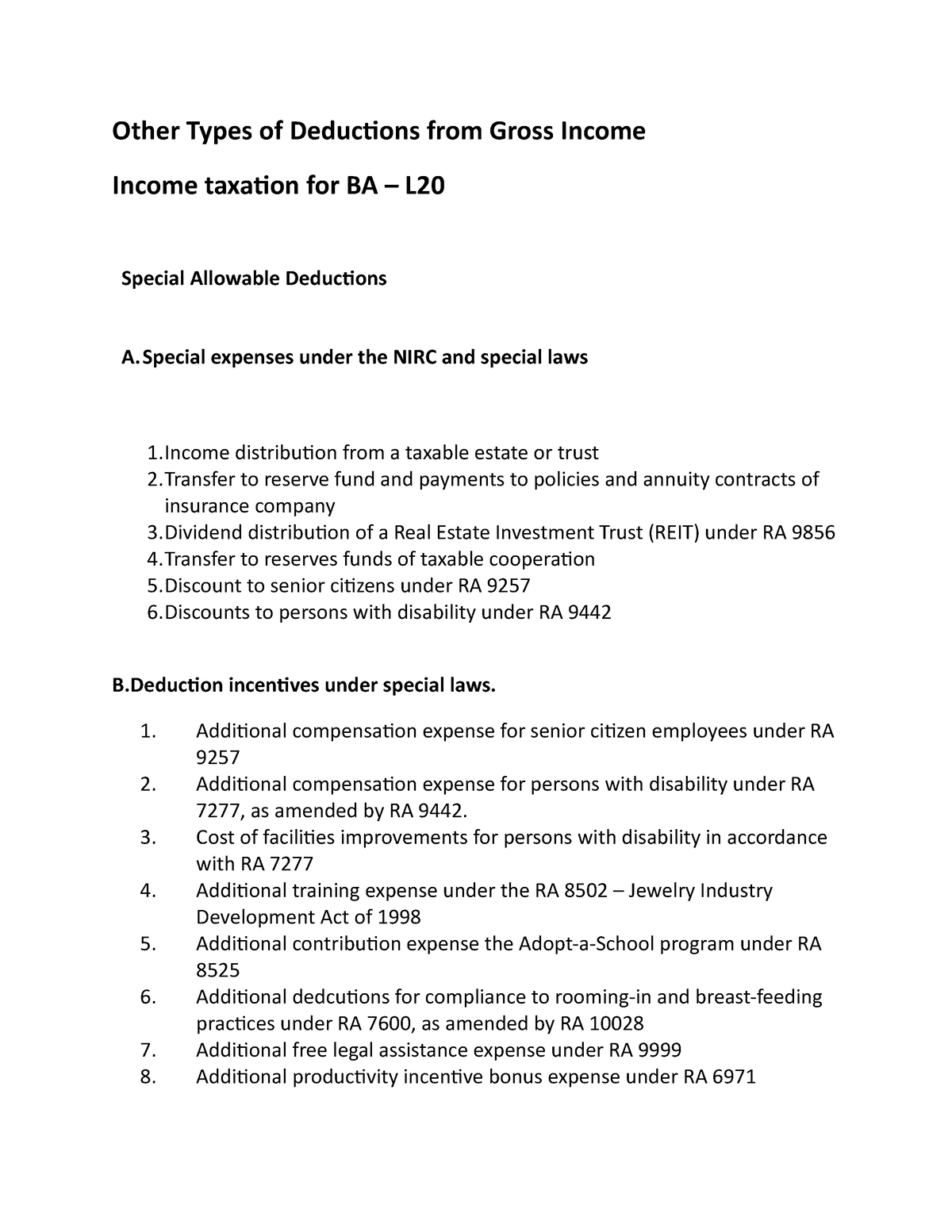 Income Taxation - 20 - Lecture Notes - Other Types Of Deductions From ...