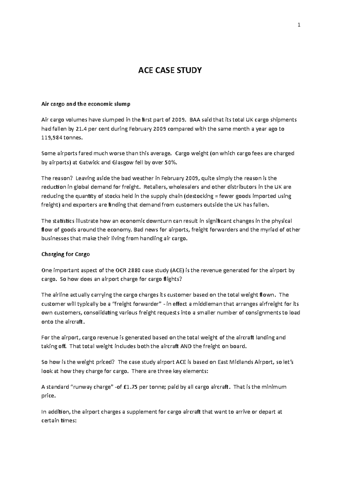ACE Notes 1. Business Edexcel - ACE CASE STUDY Air cargo and the ...