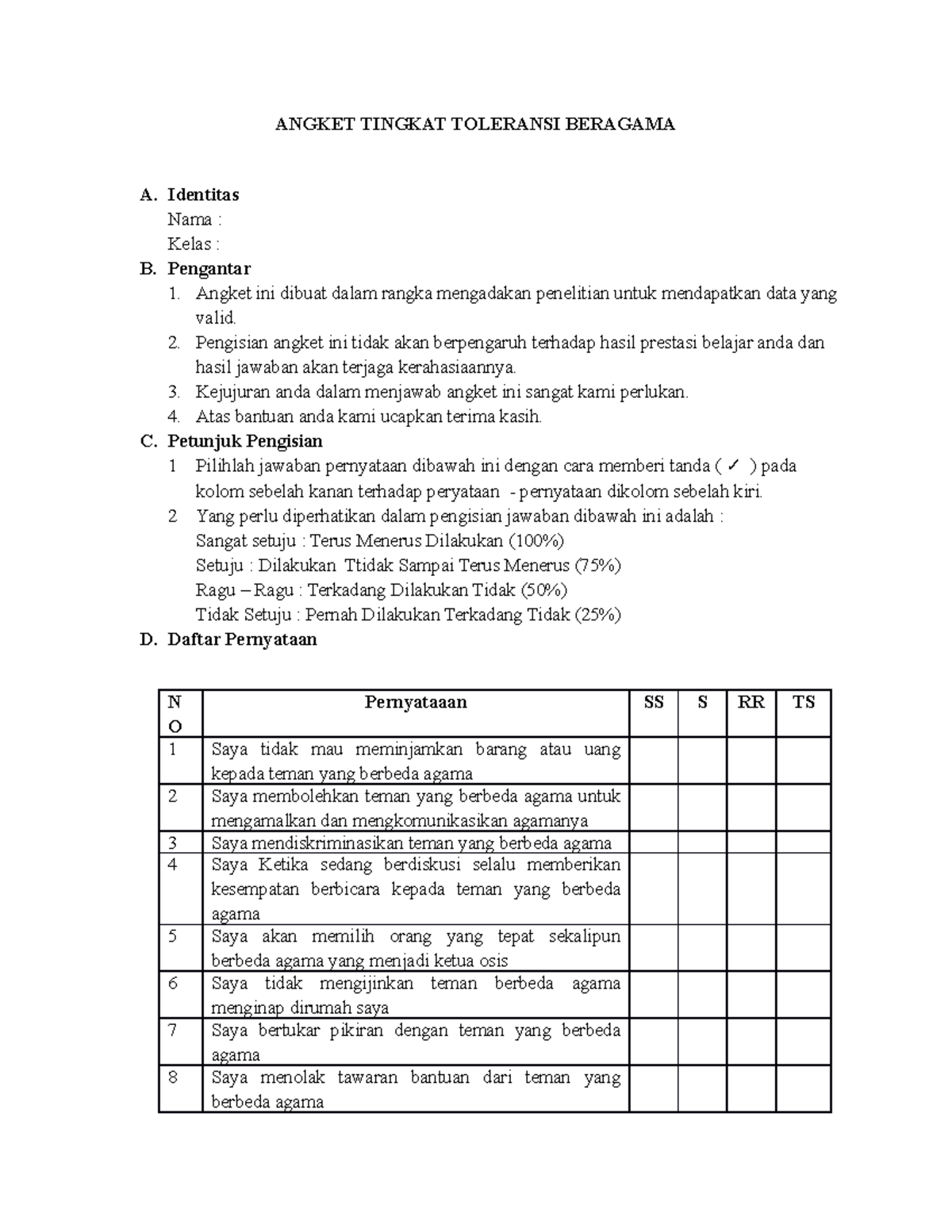 Angket PAI KEL 4 Kelas G2 - ANGKET TINGKAT TOLERANSI BERAGAMA A ...