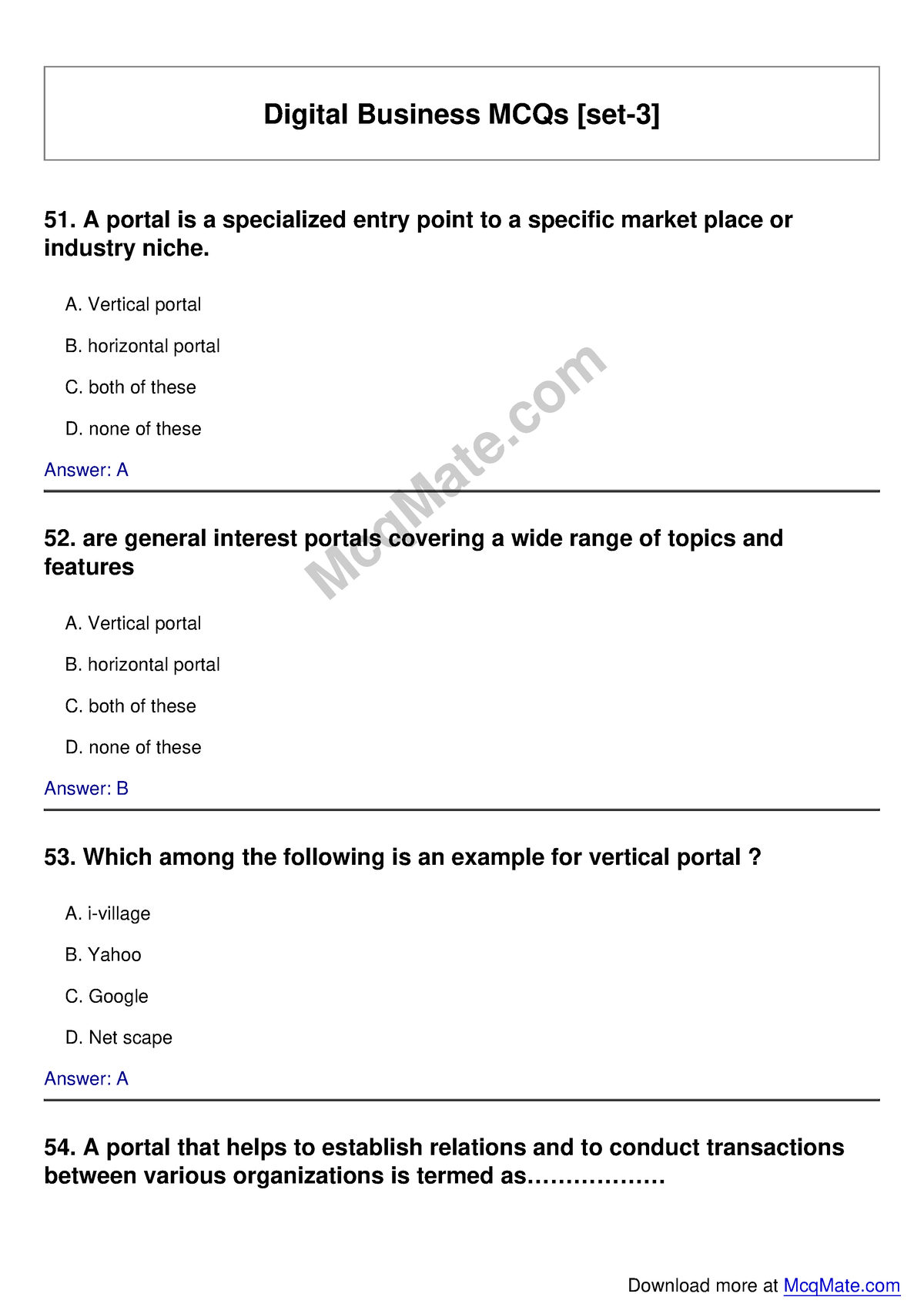 Digital-business Solved MCQs [set-3] Mcq Mate - MBA First Year - SPPU ...