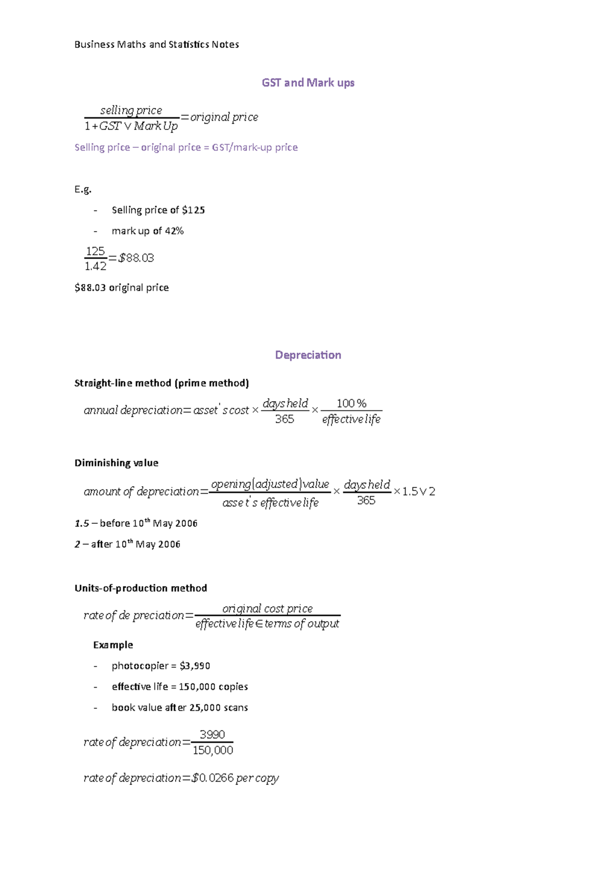 Business Maths And Statistics Notes - BUMAN201A - TAFE NSW - Studocu