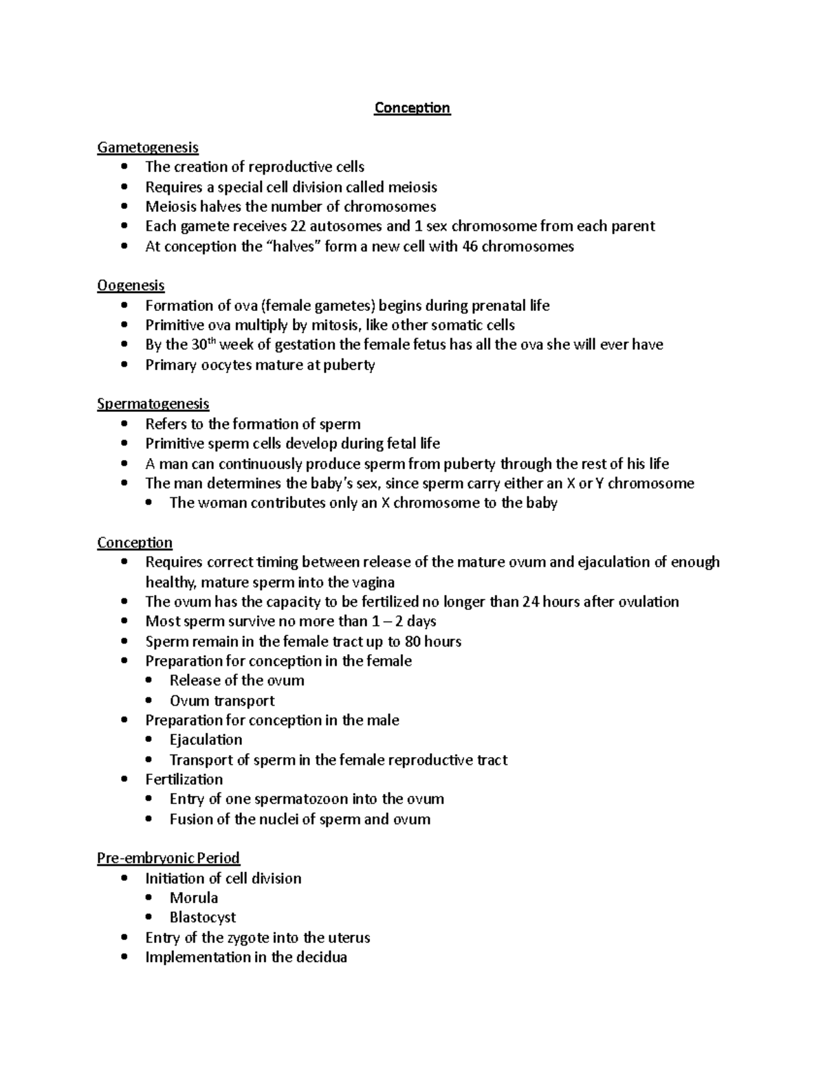 Conception notes - Conception Gametogenesis The creation of ...