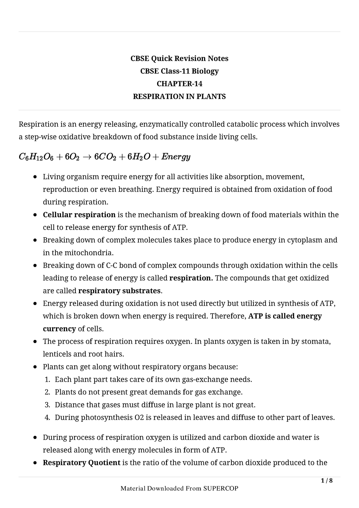 Respiration In Plants Cbse Quick Revision Notes Cbse Class Biology Chapter