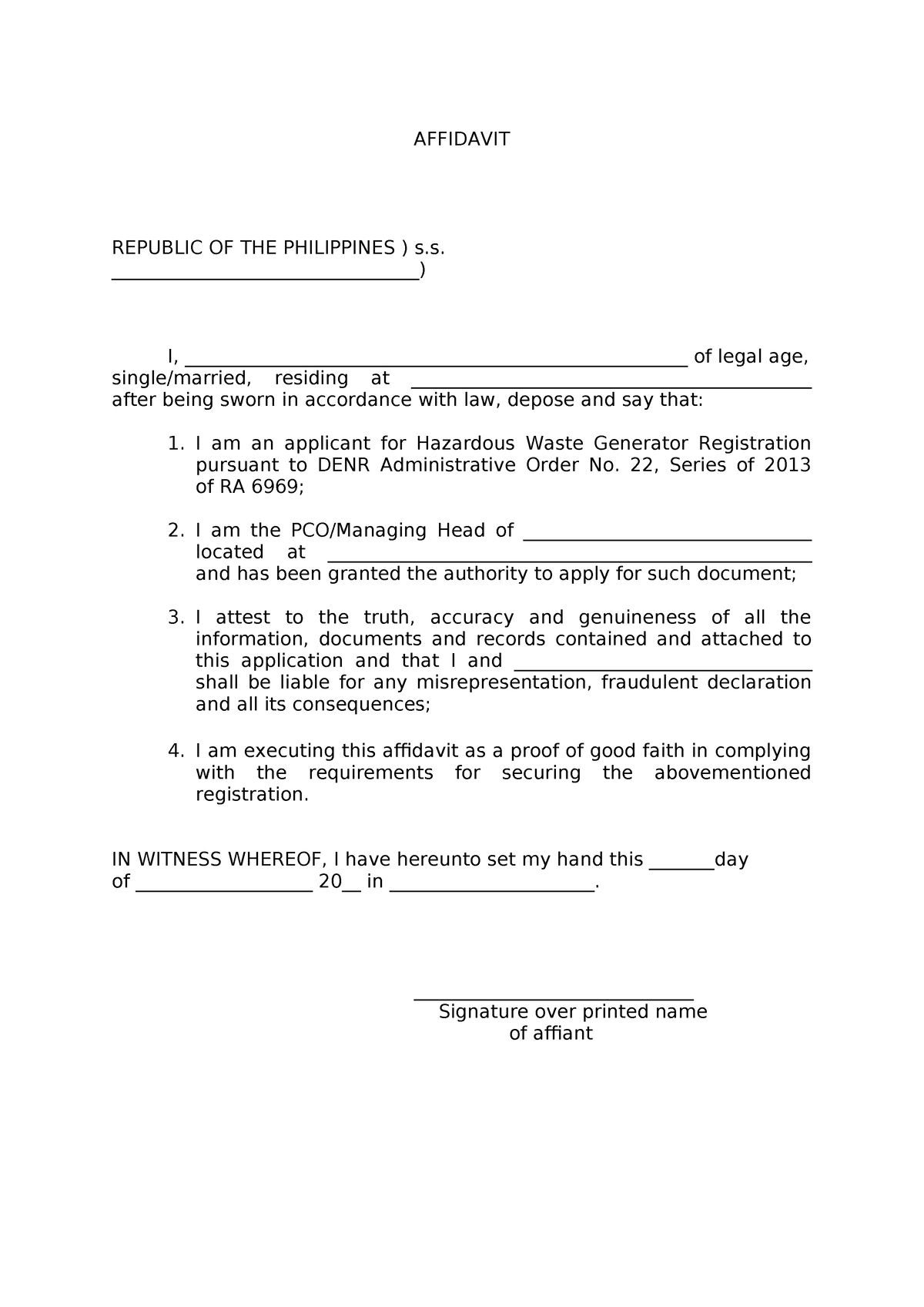 Template for HW Generator Affidavit - AFFIDAVIT REPUBLIC OF THE ...