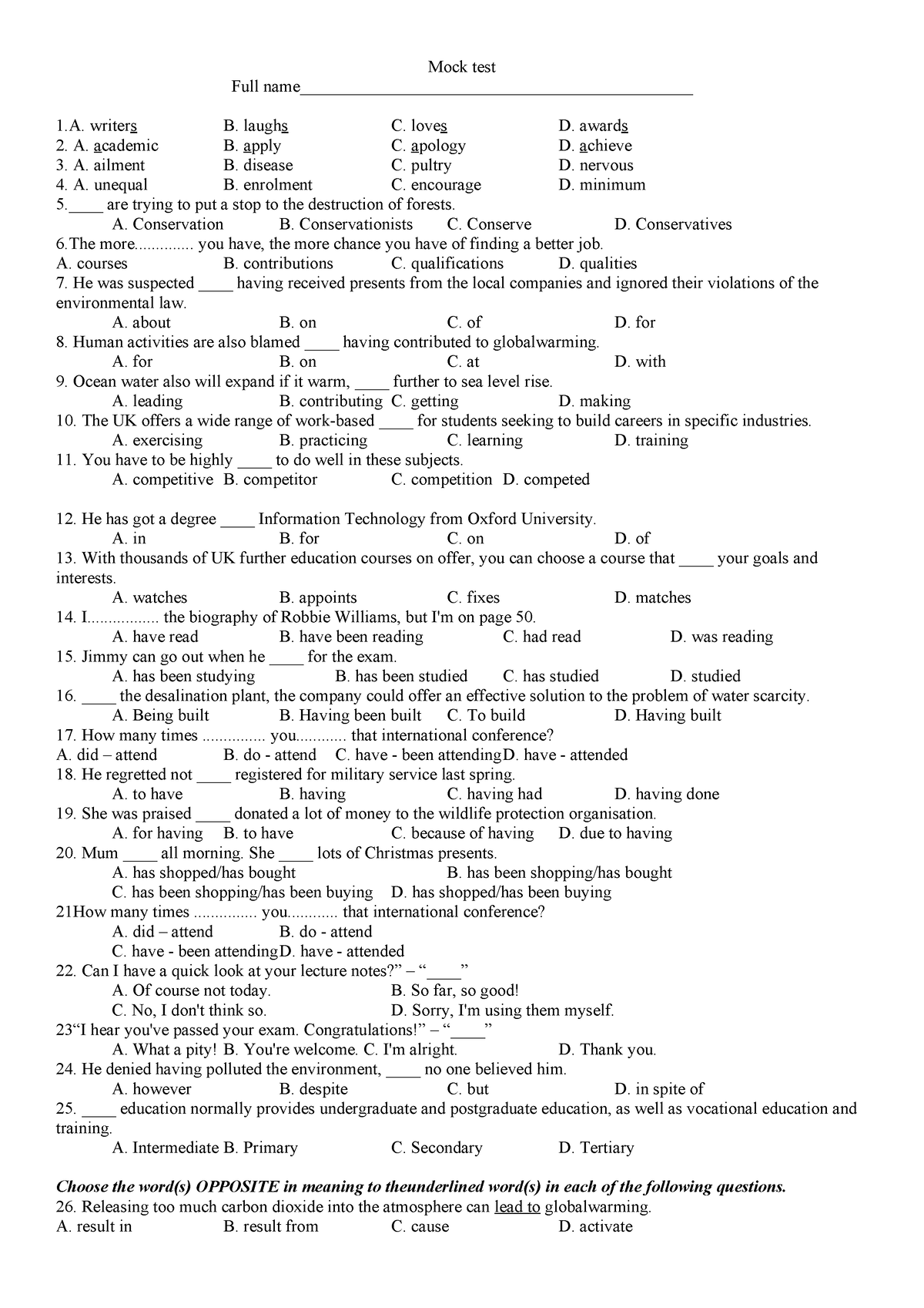 Mock Test BK2 - Test - Mock Test Full Name ...