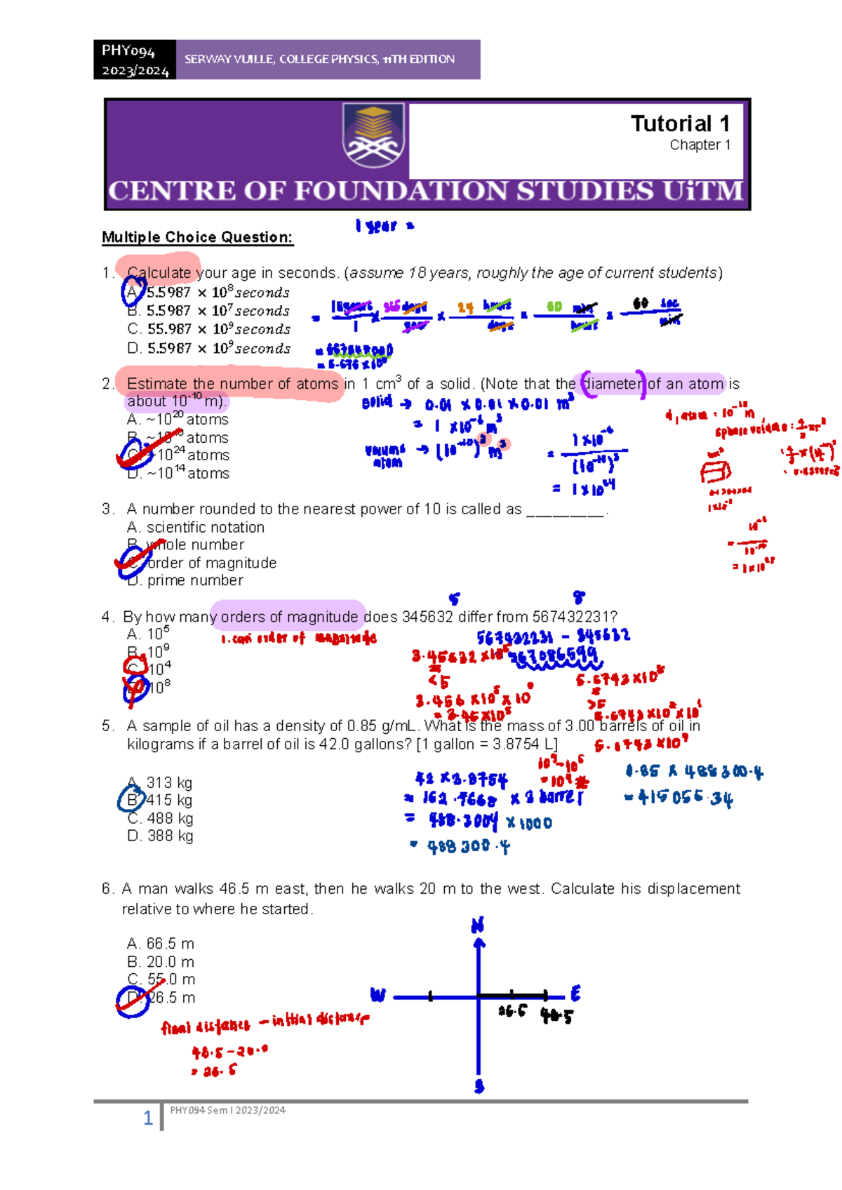 Tutorial 1 - 2023/ SERWAY VUILLE, COLLEGE PHYSICS, 11TH EDITION PHY09 4 ...