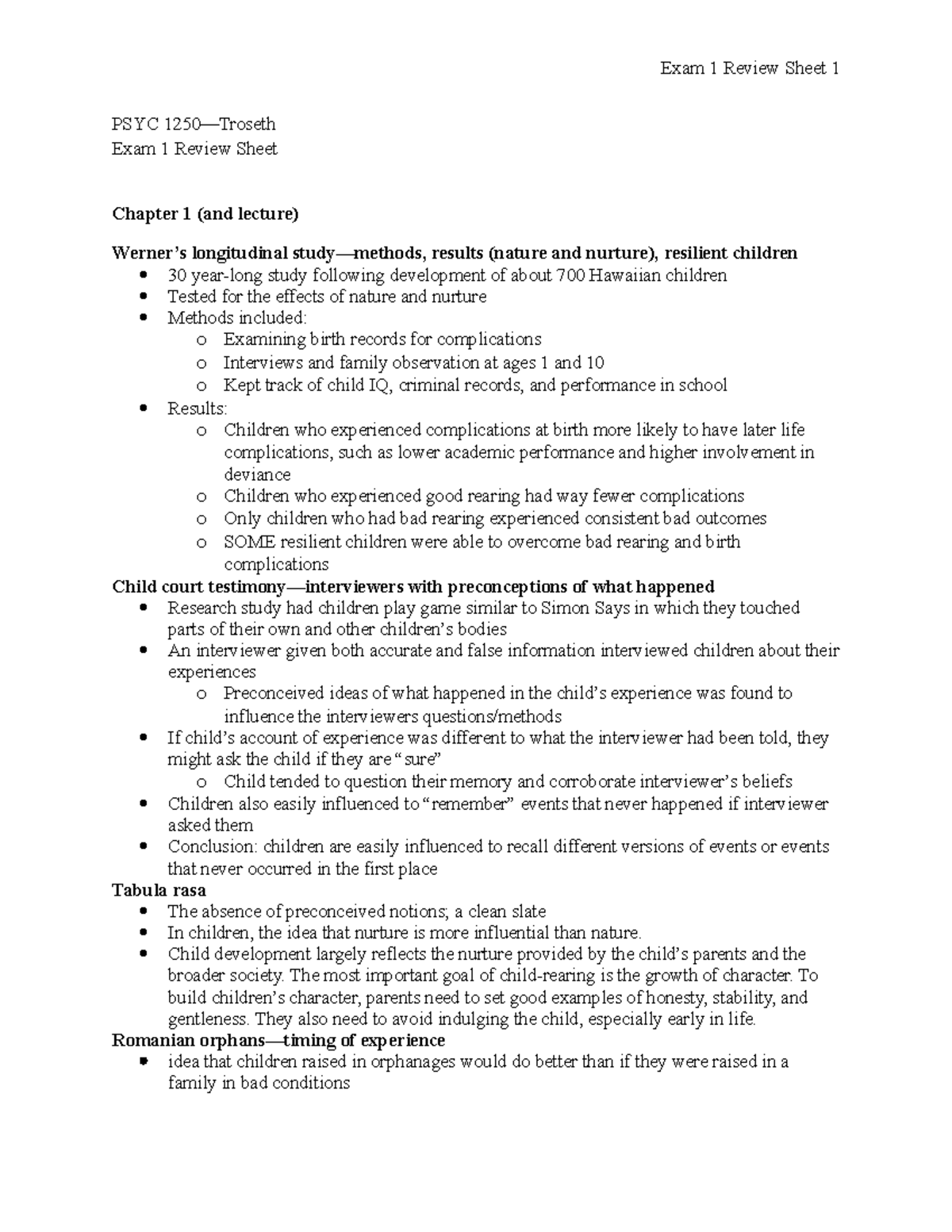 PSY-PC 1250 Test 1 - Test 1 Review Sheet - PSYC 1250—Troseth Exam 1 ...