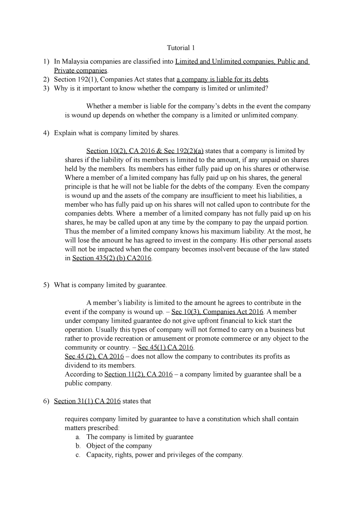 Tutorial 1 Aaa Company Law Ba204 Studocu