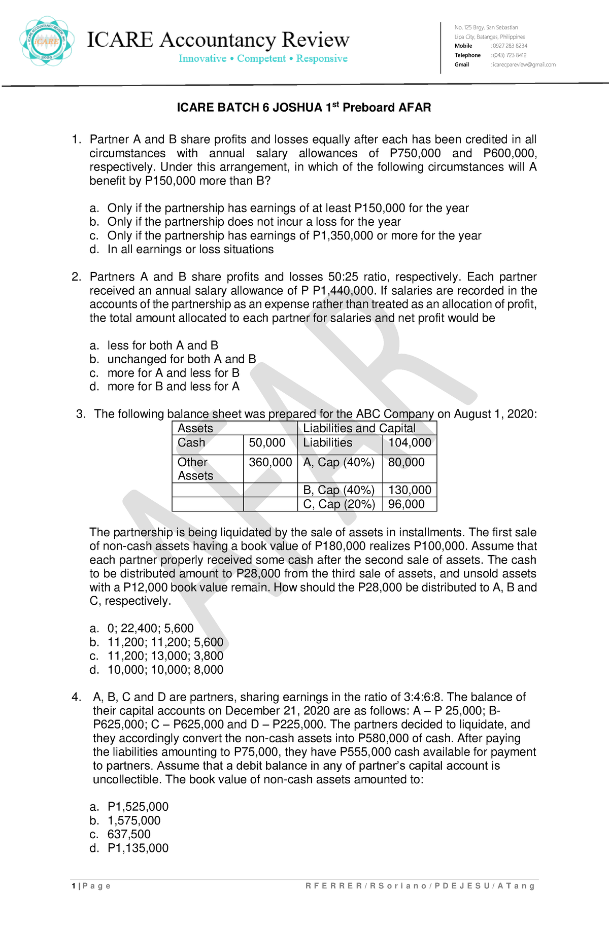 AFAR 1st preboard questionaires - Lipa City, Batangas, Philippines ...