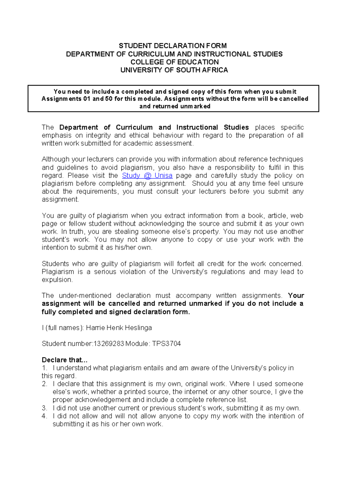 TPS 3704 Assignment 1 - ASS 1 - STUDENT DECLARATION FORM DEPARTMENT OF ...