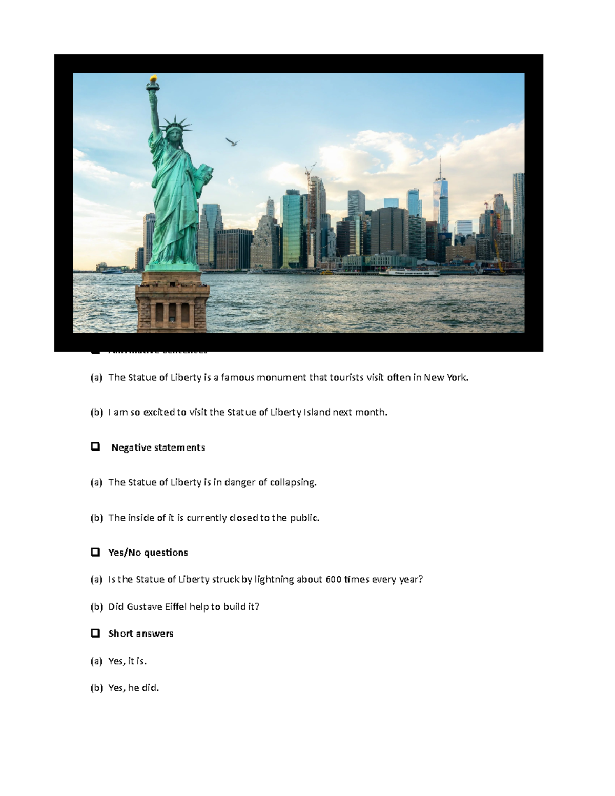 1.2 english HW tarea 1.2 Affirmative sentences (a) The Statue of