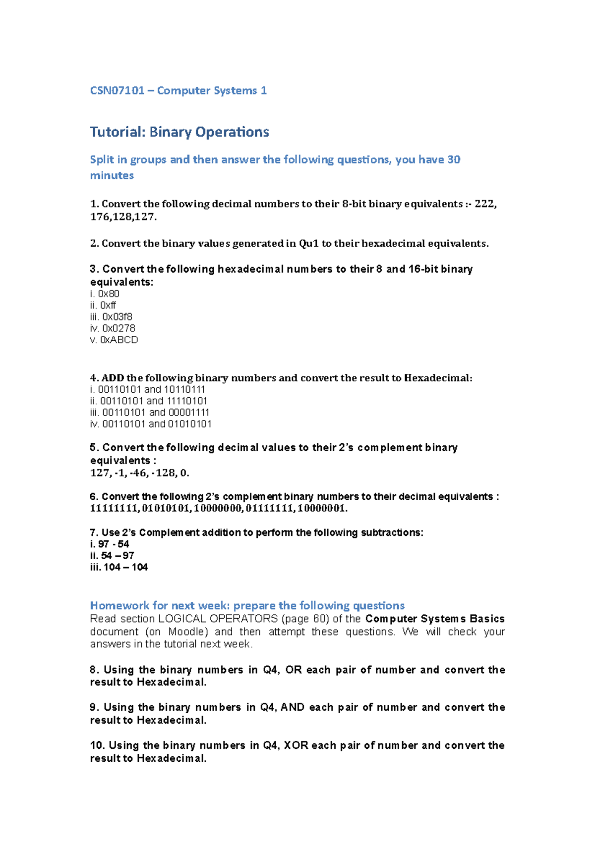 Tutorial 1 - Practice questions - CSN07101 – Computer Systems 1 ...