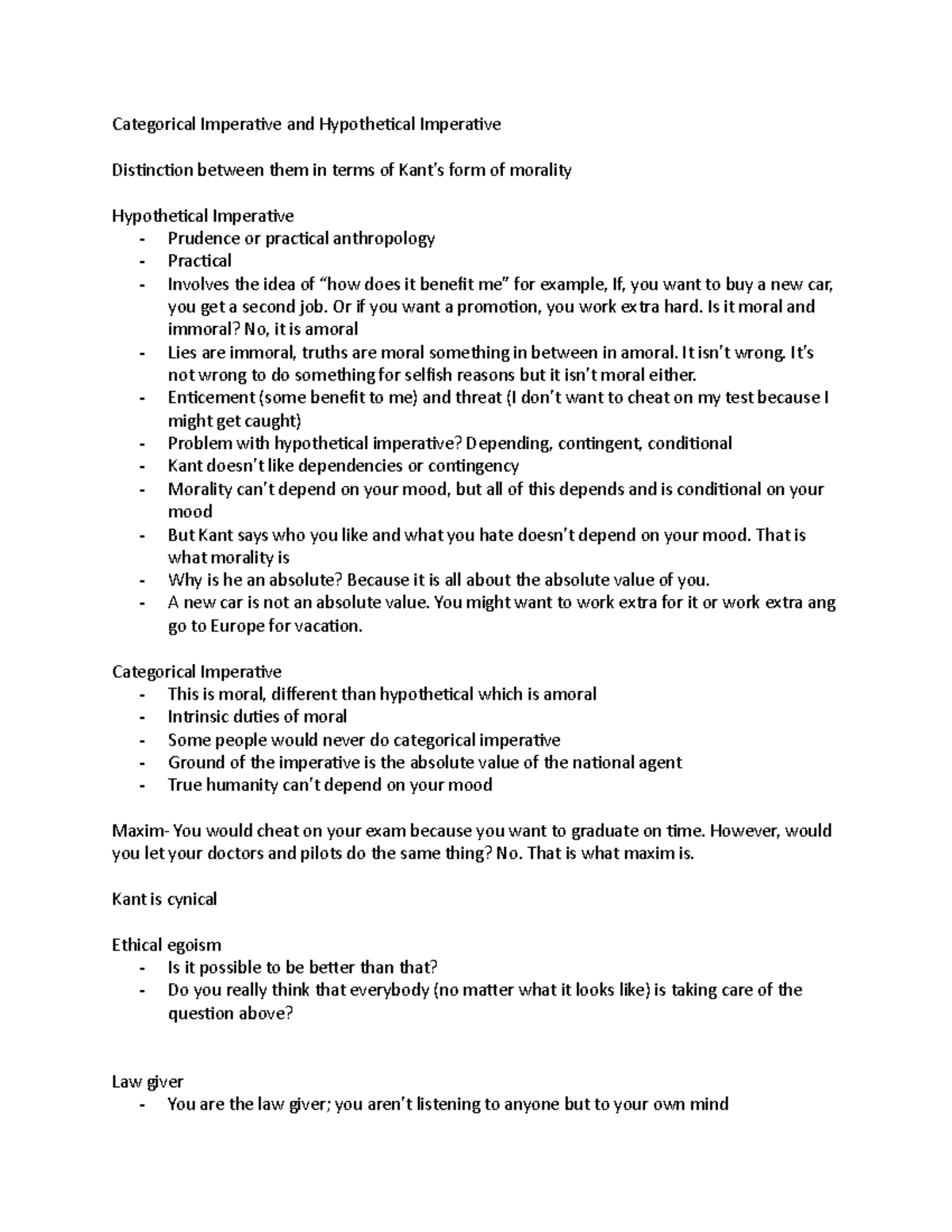 Notes 13 - Categorical Imperative And Hypothetical Imperative ...