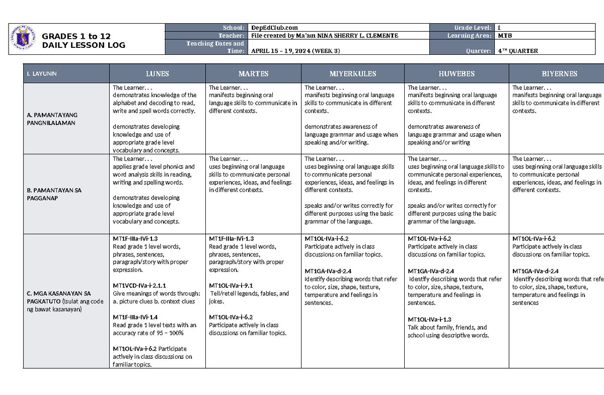 DLL MTB 1 Q4 W3 - none - GRADES 1 to 12 DAILY LESSON LOG School ...