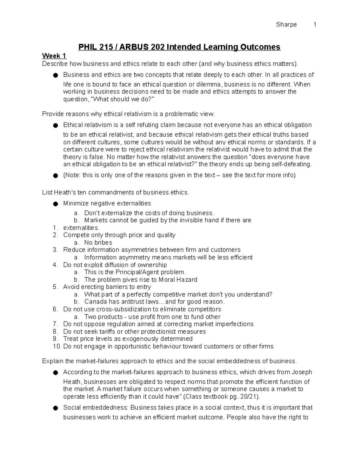 Philosophy exam study sheet - PHIL 215 / ARBUS 202 Intended Learning ...