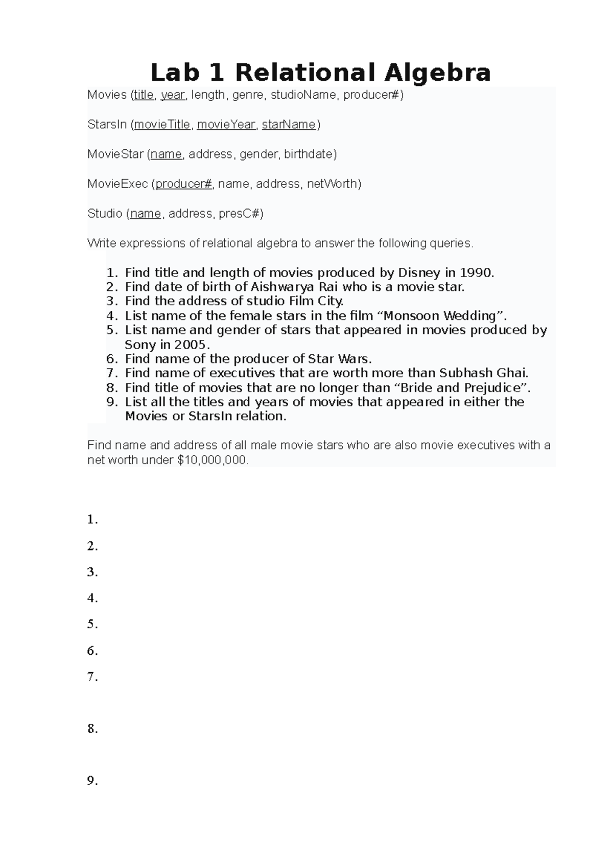 Lab2 - about lab - Lab 1 Relational Algebra Movies (title, year, length ...