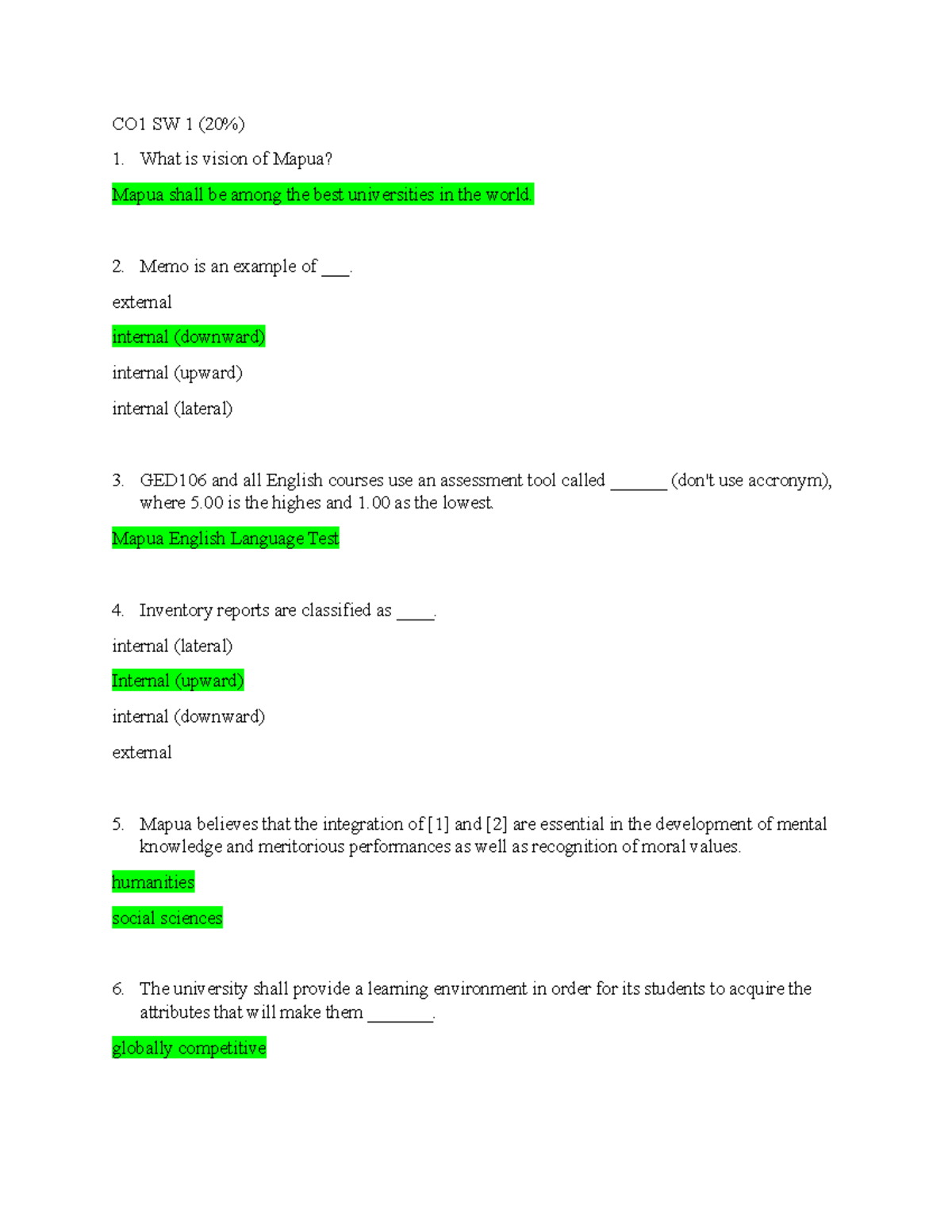 CO1 SW 1 GED106 - none - CO1 SW 1 (20%) What is vision of Mapua? Mapua ...