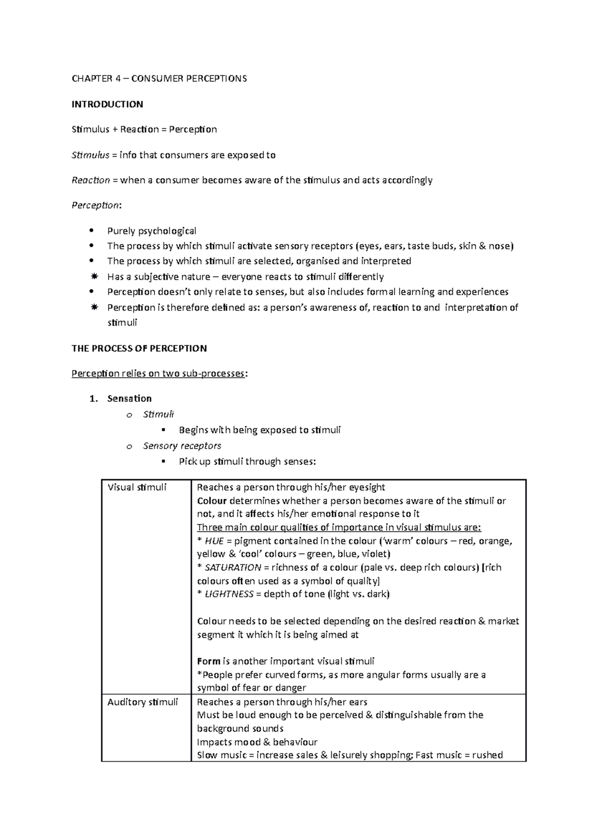 Chapter 4 Summary BEM 212 - CHAPTER 4 CONSUMER PERCEPTIONS INTRODUCTION ...