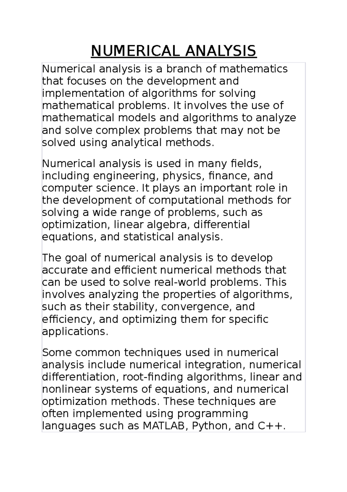 Numerical Analysis NUMERICAL ANALYSIS Numerical analysis is a branch of mathematics that