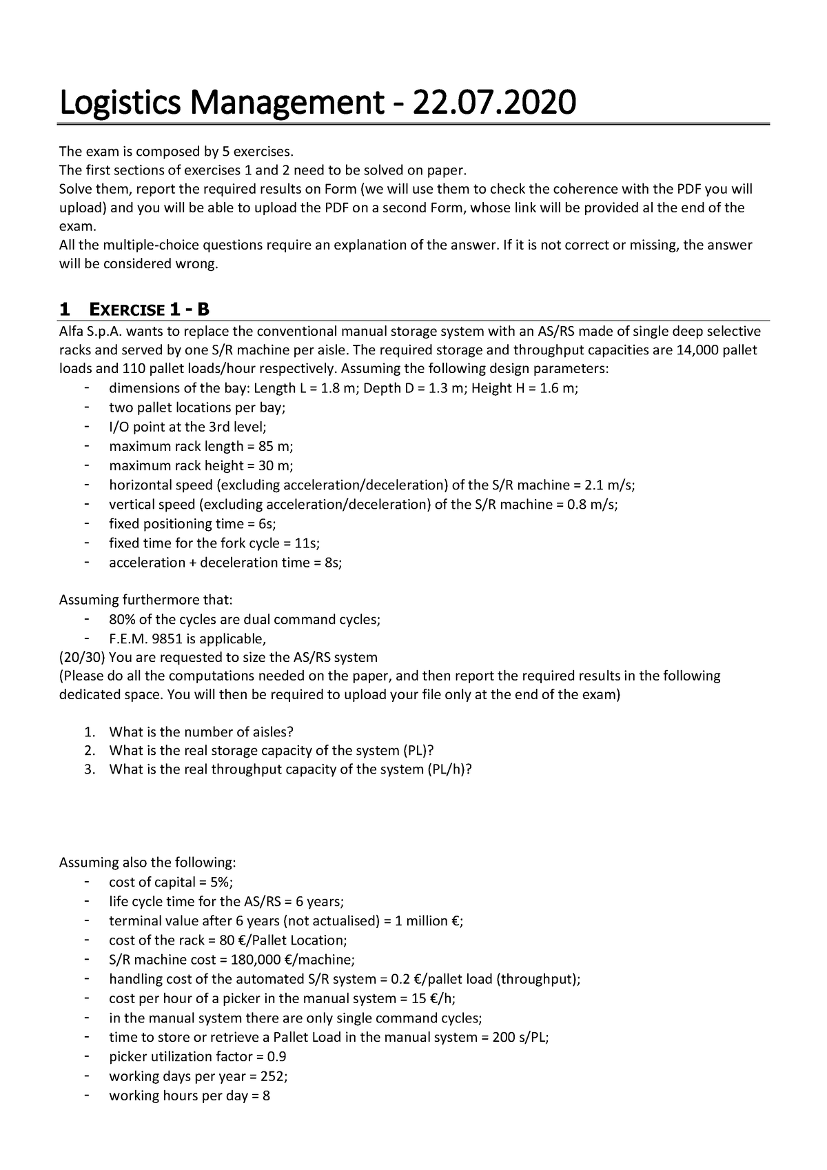 22-07-20 Exam Questions - Logistics Management - 22 .0 7 .20 20 The ...