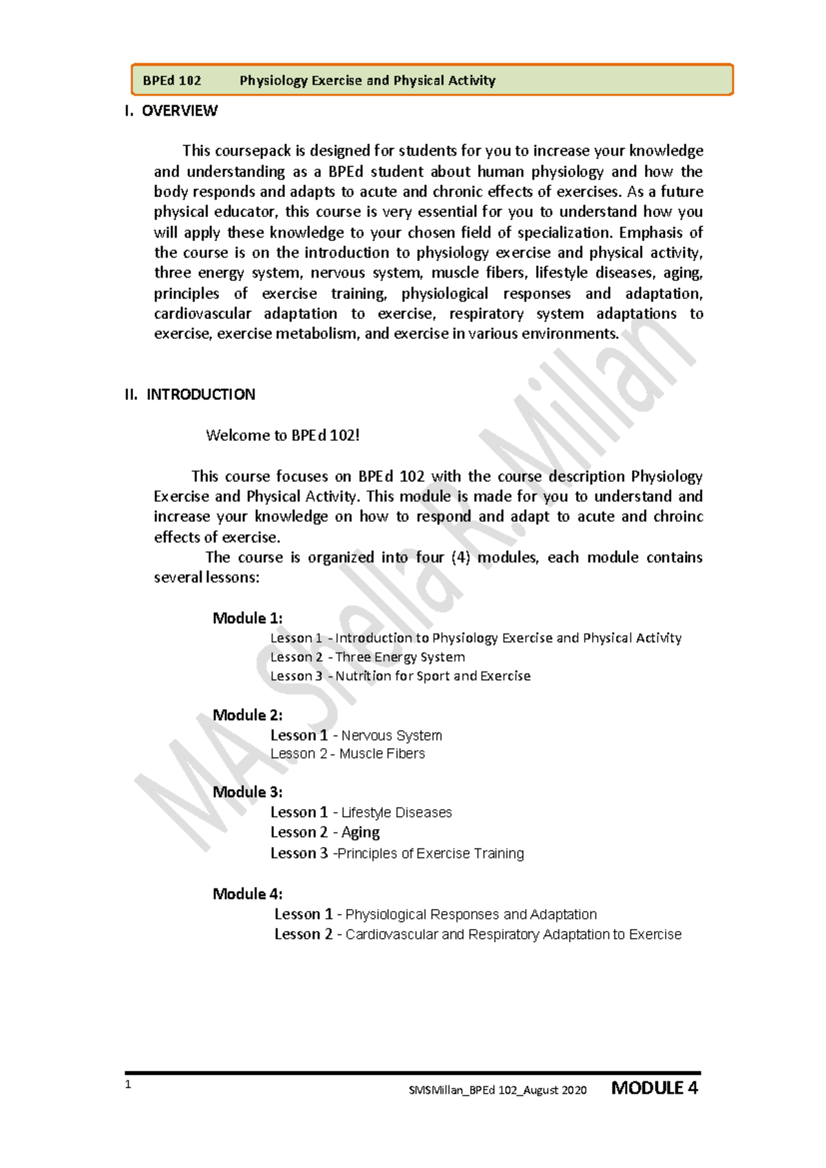 Bped 102 module 4 new - Notes - ####### 1 I. OVERVIEW This coursepack ...