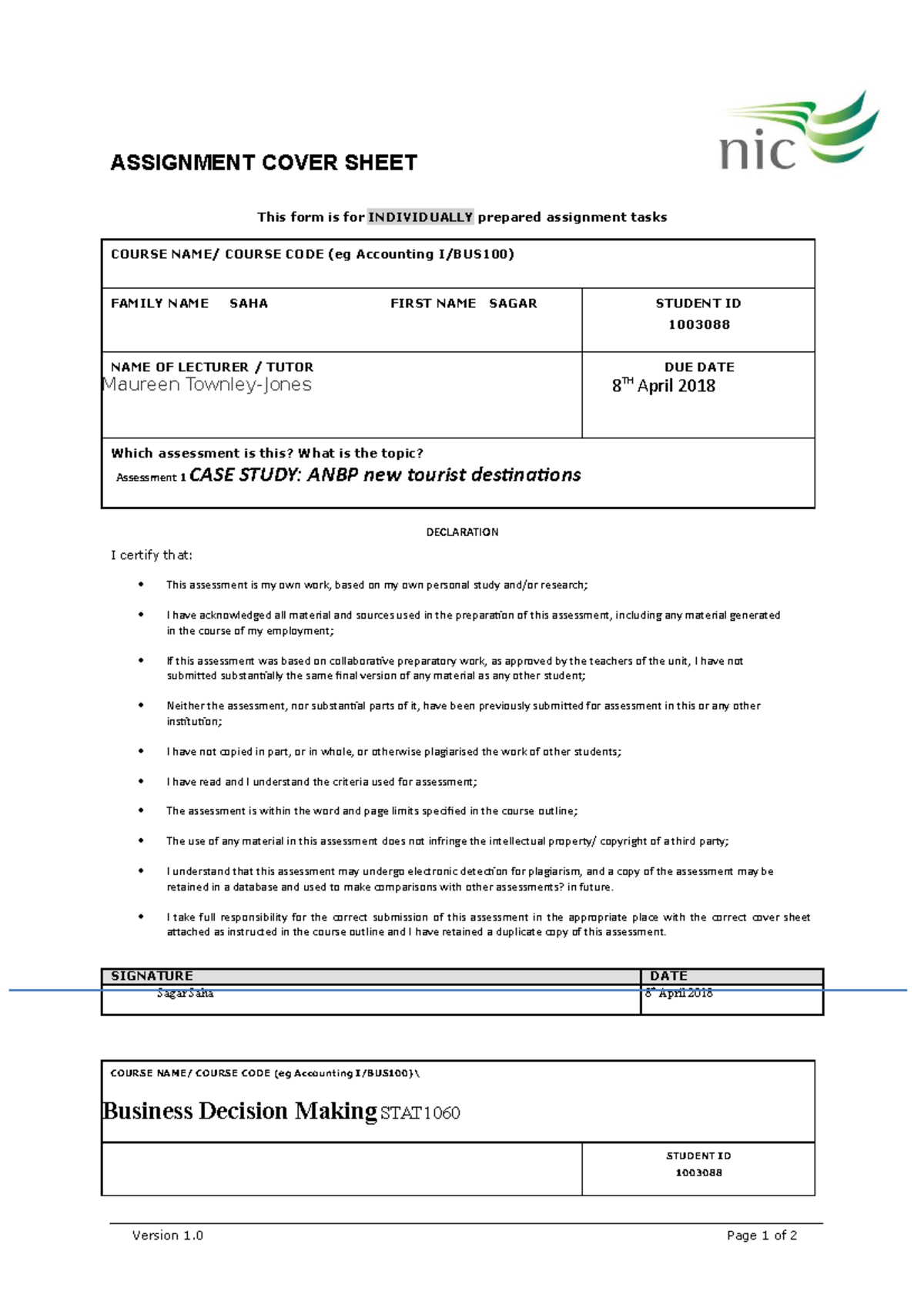 Assignment cover sheet image