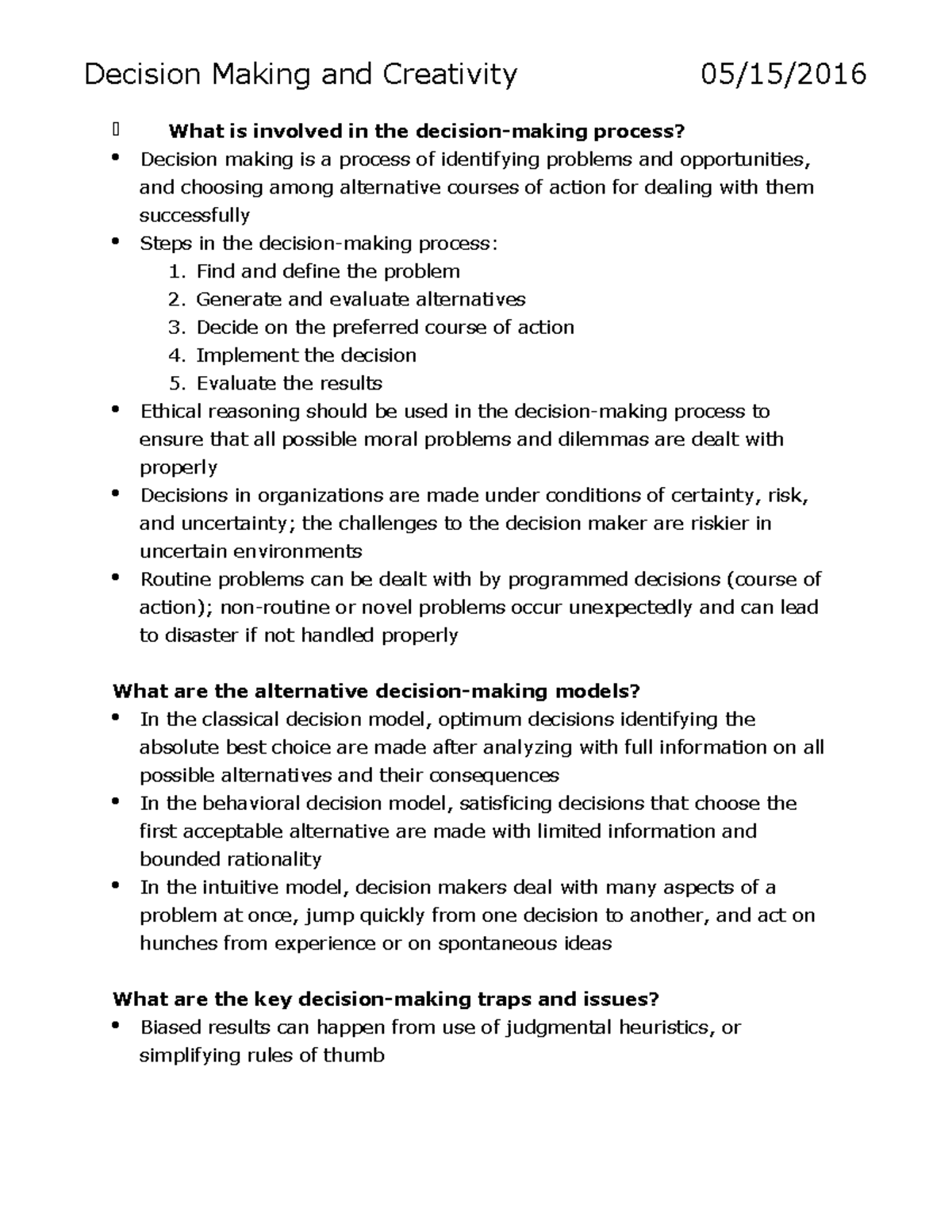 MHR 318 Chapter 9 - Decision Making and Creativity What is involved in ...