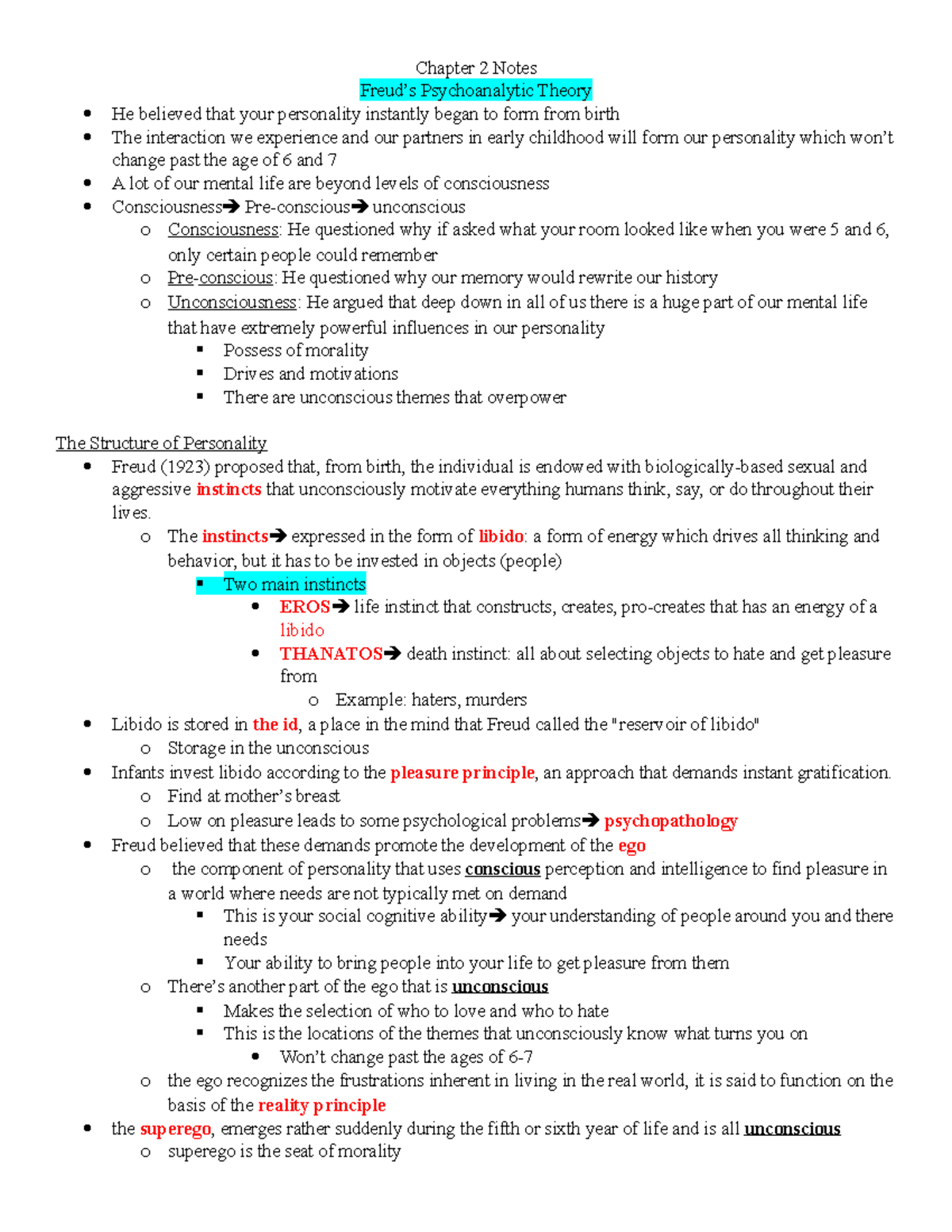 Chapter 2 Notes - Chapter 2 Notes Freud’s Psychoanalytic Theory He ...
