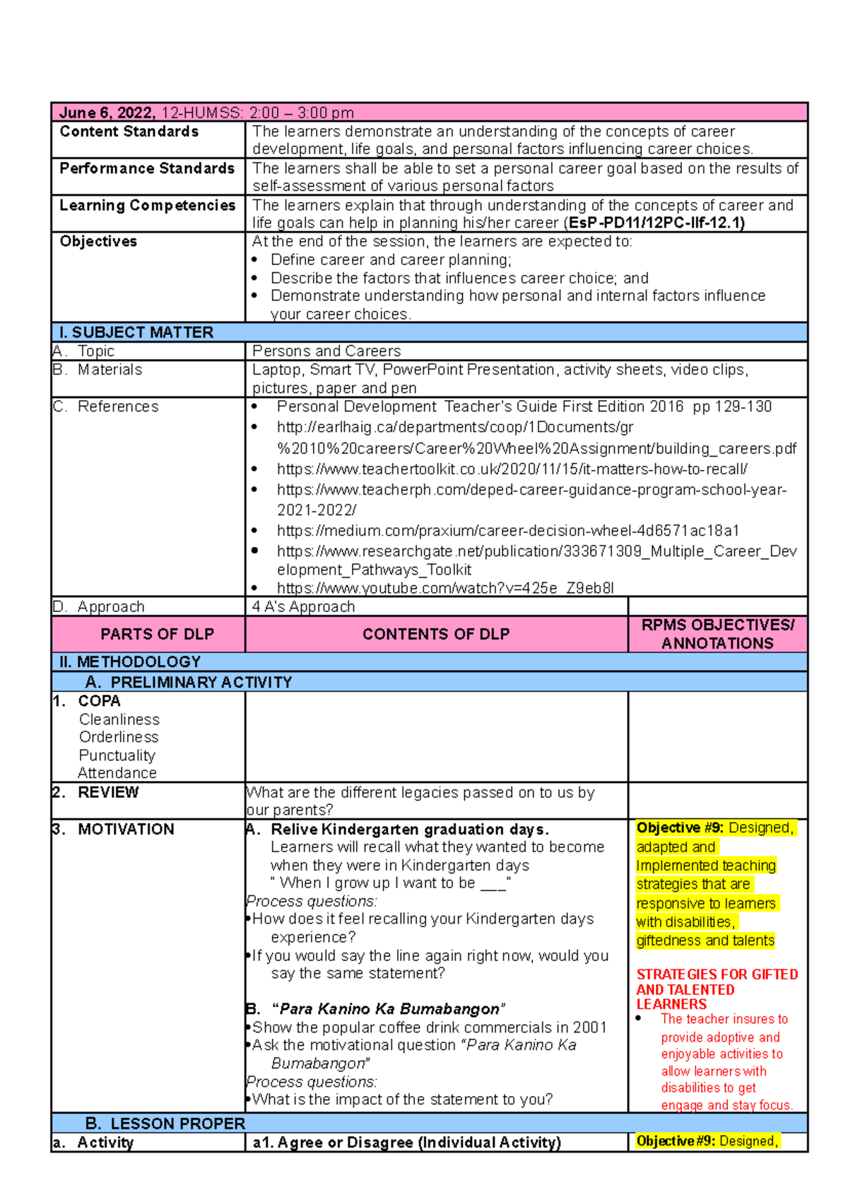 9 Lpcareer Copy This Is A Lesson Plan In Personal Development 
