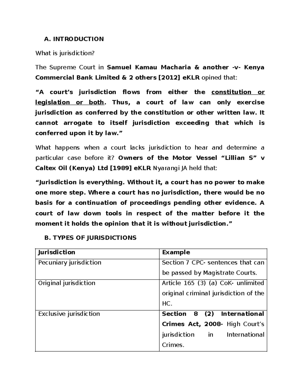 Criminal Jurisdiction notes - A. INTRODUCTION What is jurisdiction? The ...