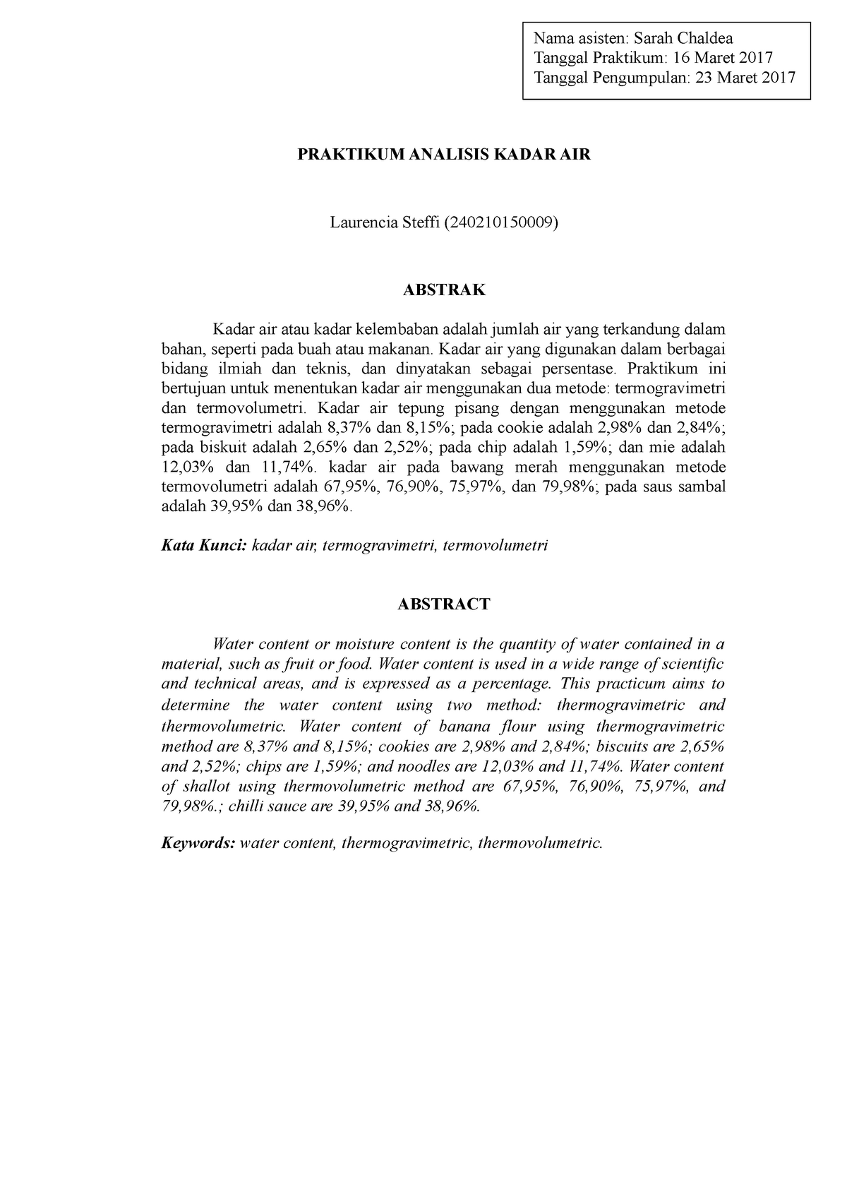 Laporan Praktikum Analisis Pangan Kadar Air Nama Asisten Sarah Chaldea Tanggal Praktikum 16 2815