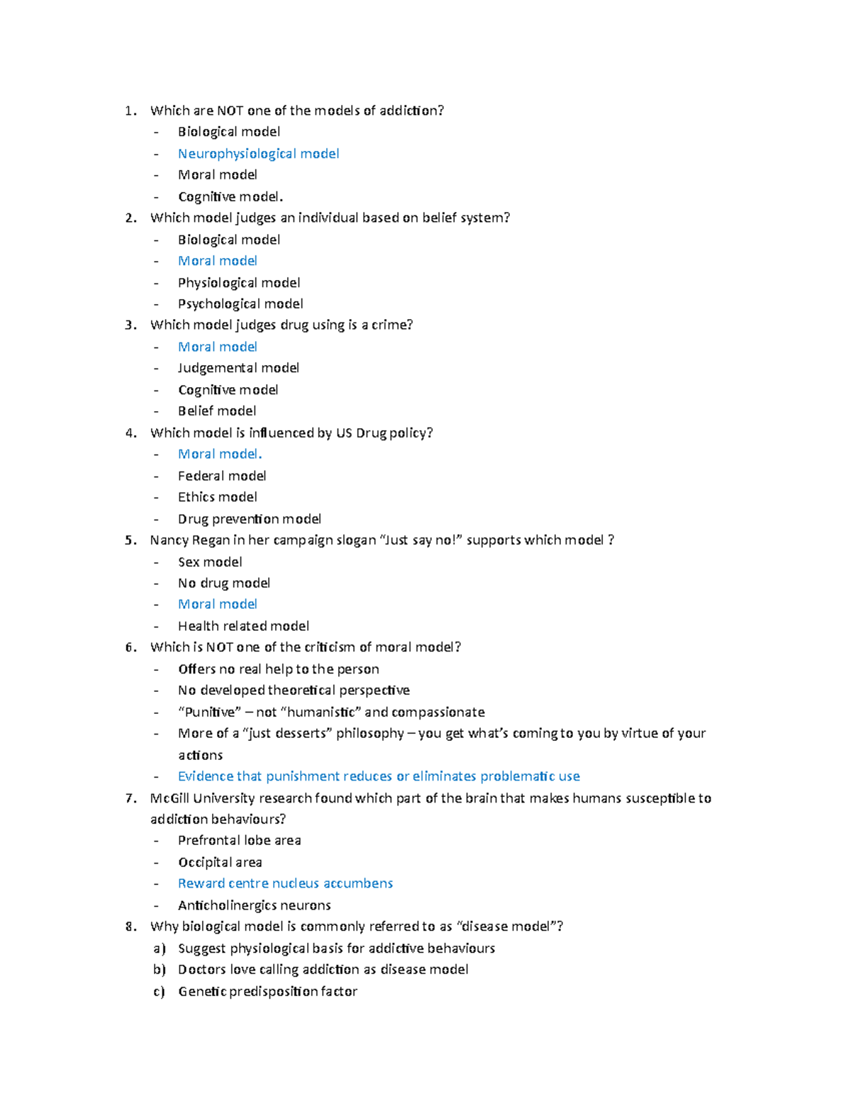 Addiction practice answer keys Which are NOT one of the models of