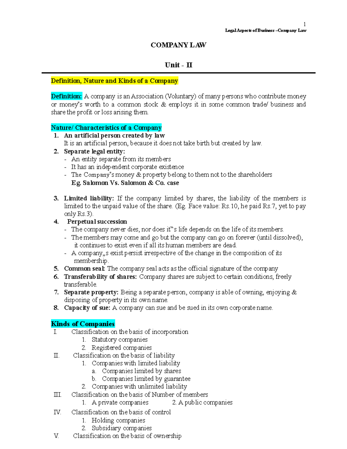 Unit 2 LAB Fair - Unit 2 - COMPANY LAW Unit - II Definition, Nature and ...