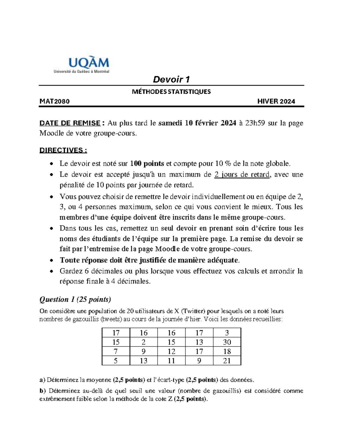 Devoir 1 MAT2080 - Devoir 1 MÉTHODES STATISTIQUES MAT 2080 HIVER 2024 ...