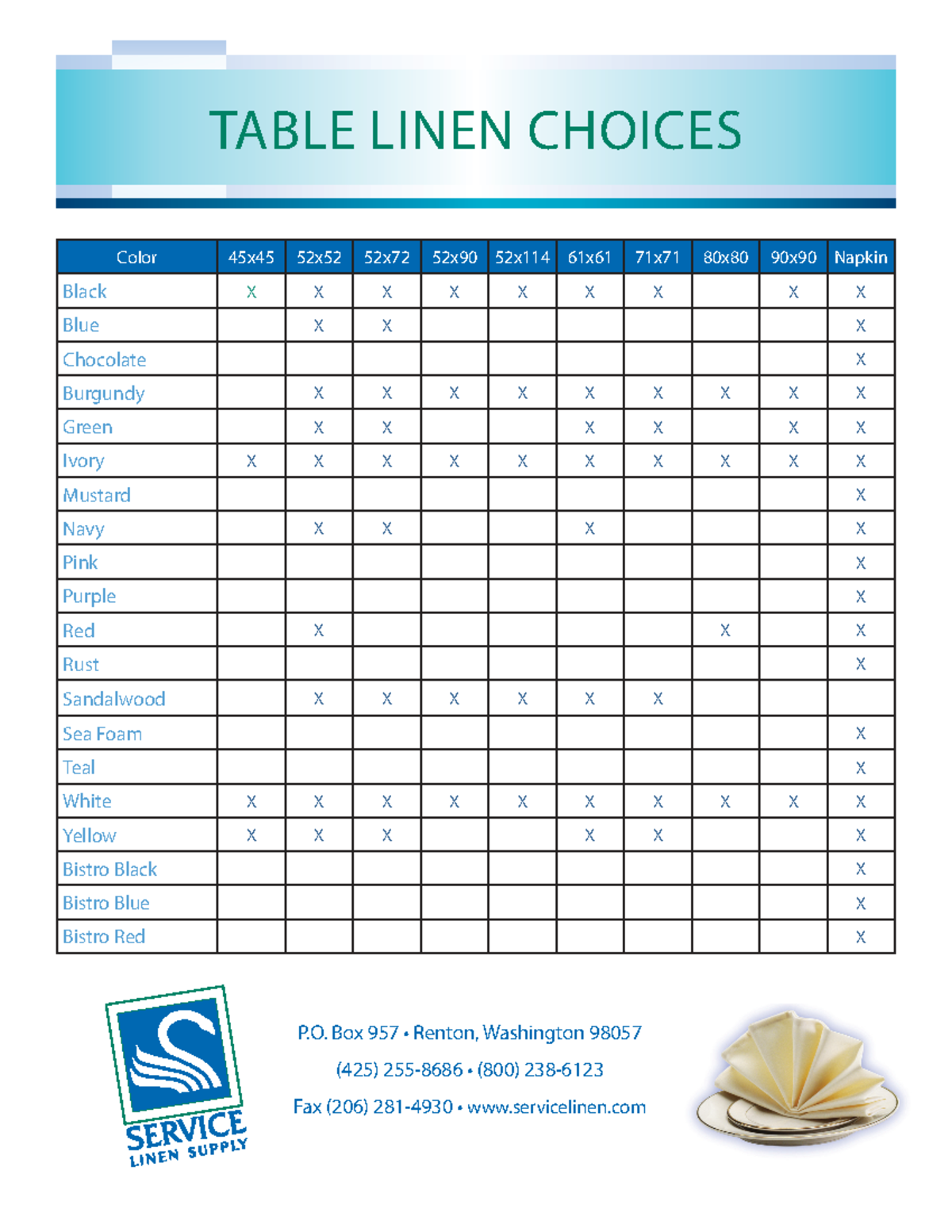Linen-Colors-2016 - Random pdf - TABLE LINEN CHOICES Color 45x45 52x52 ...