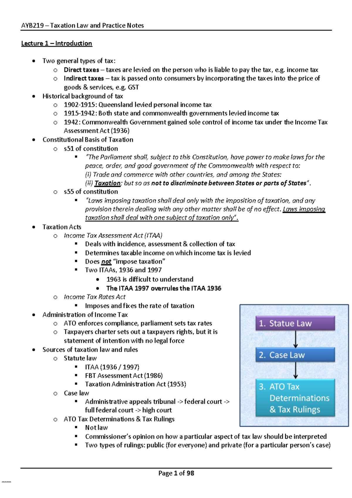 Course Notes - Lecture 1 – Introduction Two general types of tax: o ...