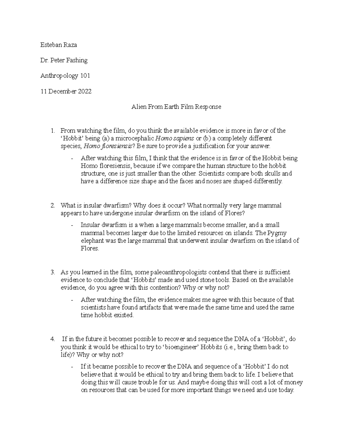 FR #2 - Homework - Esteban Raza Dr. Peter Fashing Anthropology 101 11 ...