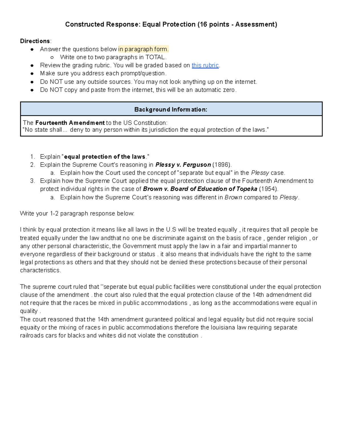Constructed Response Equal Protection Write one to two paragraphs in